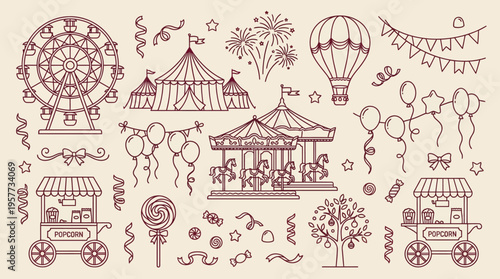 Whimsical hand-drawn carnival fairground scene featuring a Ferris wheel, carousel, circus tents, hot air balloons, bunting and festive crowds