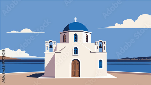 Vector illustration of iconic white Greek church with blue dome overlooking calm blue sea