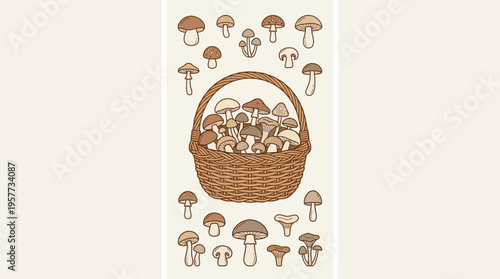 Basket of assorted wild mushrooms overflowing from a rustic brown basket in a vintage hand-drawn sketch