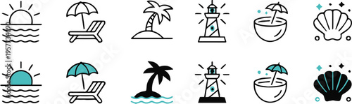 beach flat icon pack seaside travel summer vacation palm umbrella