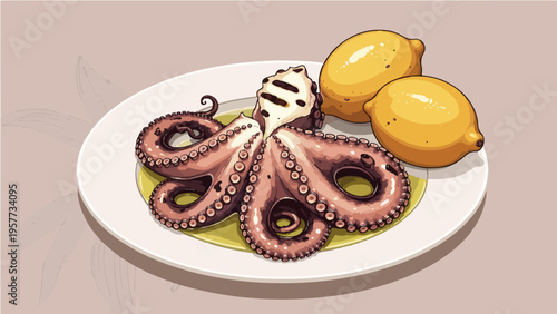 Vector illustration of cooked octopus tentacles arranged on plate with whole lemons on beige