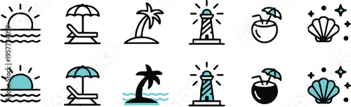 beach icons outline and color tropical elements palm chair umbrella