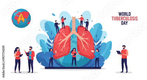 Vector illustration of people standing around a giant pair of lungs on World Tuberculosis Day for lung health education and awareness campaigns