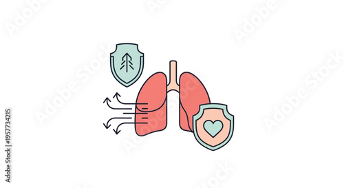 Illustration of lungs with shields for World Tuberculosis Day and Lung Health Education, featuring a doctor and person icons, conveying health and science in a red and blue color scheme
