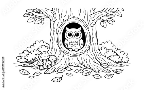 Cute cartoon owl peeking out from a hollow tree trunk in a forest setting