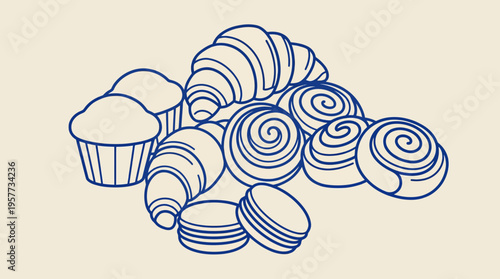 Blue line art illustration of cupcakes and a pile of cinnamon rolls, showcasing baked goods and pastries in a clean, hand-drawn bakery style.