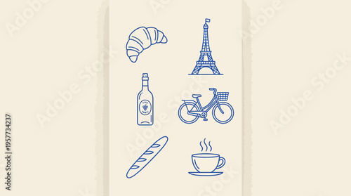 Parisian-themed illustration featuring a croissant, baguette, coffee cup, wine bottle, bicycle, and the Eiffel Tower.