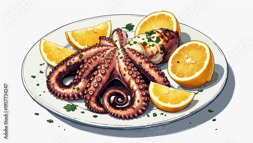 Plated vector illustration of octopus with orange slices herbs on white plate
