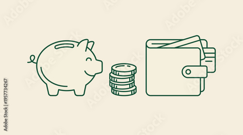 Minimalistic line illustration of a piggy bank with coins beside a wallet, representing savings, budgeting, and personal finance