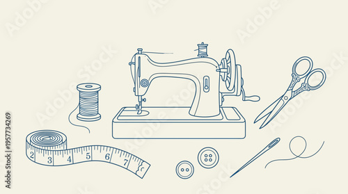Vintage sewing machine with classic sewing tools and supplies—scissors, thread, measuring tape, buttons and pins—on a light cream background for crafts and textile design.
