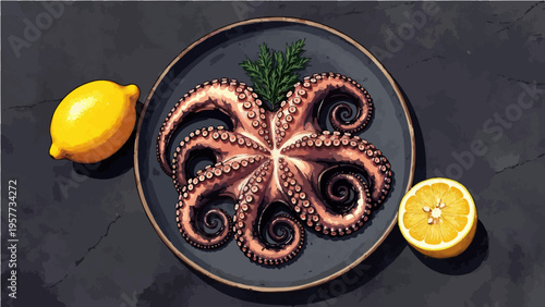 Plated vector illustration of cooked octopus with lemon slices and herbs on dark plate