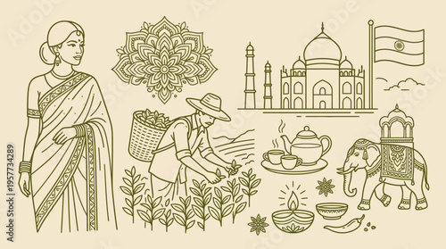 Collage celebrating Indian heritage: sari-clad woman, farmers and rural life with iconic Taj Mahal, temples, Indian flag, and traditional cultural motifs.