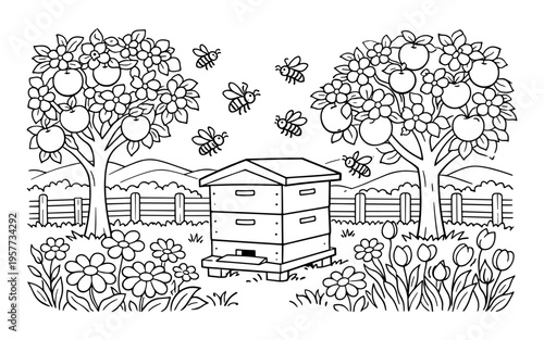 Charming illustration of a beehive surrounded by apple trees and blooming flowers