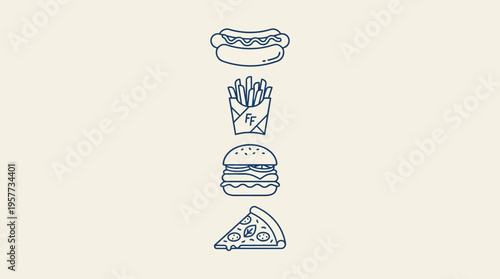 Vertical stack of fast-food items in blue line art: bagel, fried chicken, hamburger, and pizza slice