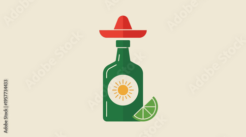 Colorful illustrated green bottle with a sun label, red sombrero, and lime wedges for a Mexican-themed beverage icon.