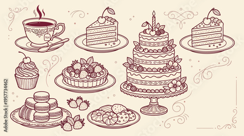 Vintage dessert illustration featuring a tiered cake, cupcakes, pastries, teacups, and a cake stand in sepia tones