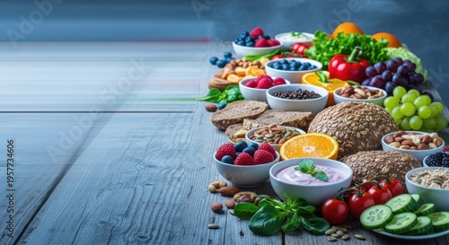 Healthy eating concept with a variety of fresh fruits, vegetables, grains, and dairy products on a rustic wooden table.