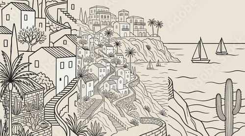 Hand-drawn coastal hillside town with terraced houses, palm trees, and sailboats along a rocky shoreline in a Mediterranean seascape.