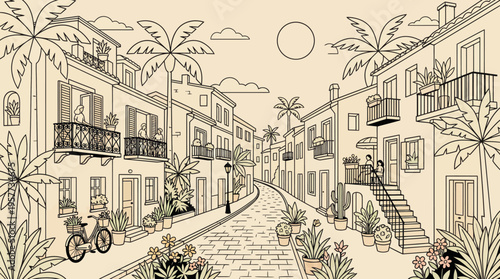 Illustrated tropical street scene with palm trees, bicycles, stairways, and quaint balconies in a sunlit village