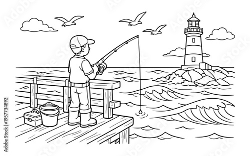 Young boy fishing from a wooden pier with a lighthouse in the background
