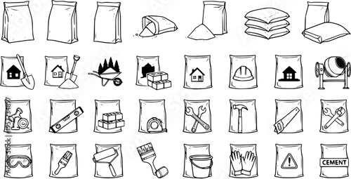 Construction Doodle Set: Hand-Drawn Building Material and Tools Vector Illustration