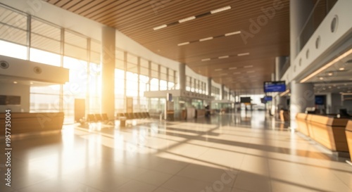 Modern Airport Terminal Interior with Bright Sunlight Streaming Through Large Windows.