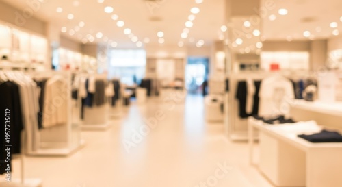 Blurred background of a modern clothing store with racks of apparel and bright lighting.