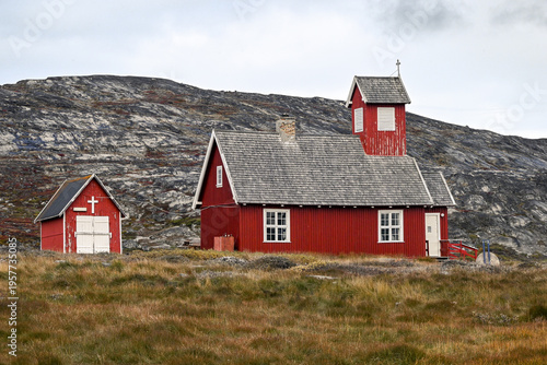 Vászonkép Ilimanaq, Disko Bay, Greenland - Remote Red Church in Ilimanaq Greenland with Au