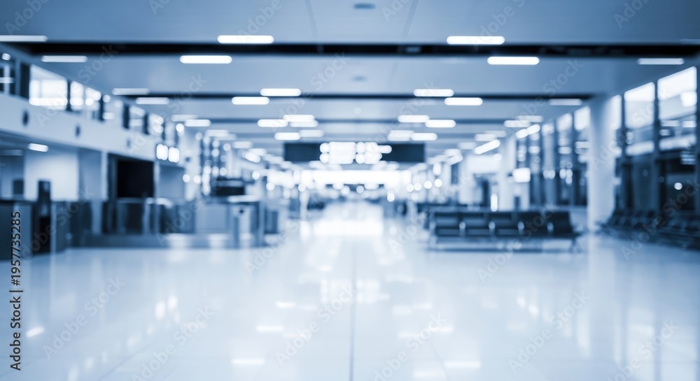 Fototapeta premium Blurred Modern Airport Terminal Interior with Empty Hallway and Seating Area.