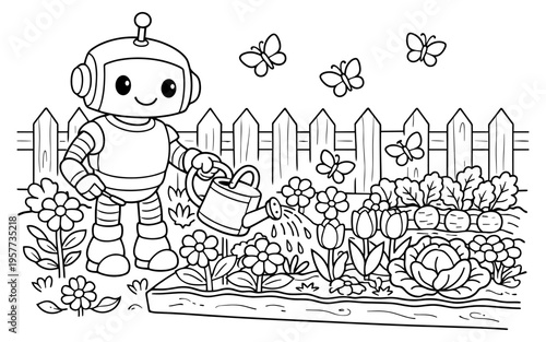 Cute robot watering flowers and vegetables in a garden with butterflies flying around