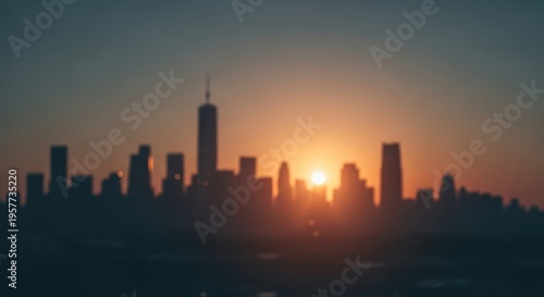 Stunning Sunset Over New York City Skyline Silhouette.