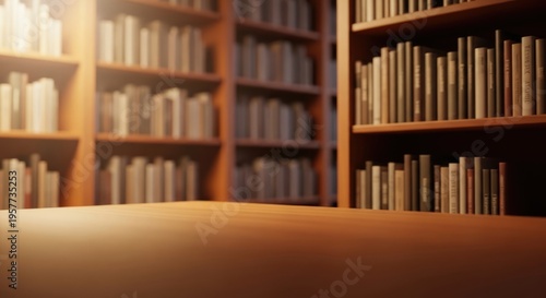 Empty Wooden Table in a Cozy Library with Blurry Bookshelves in the Background.