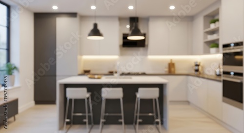Modern Kitchen Interior with Island and Bar Stools.