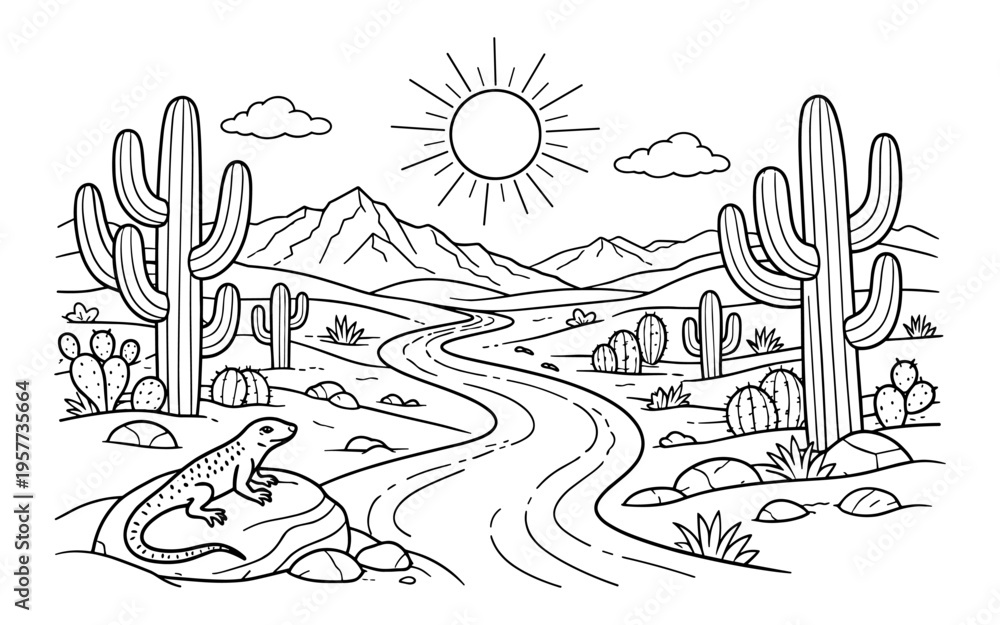 Obraz premium Desert landscape with a winding road, saguaro cacti, mountains, and a lizard