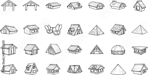Diverse Collection of Hand-Drawn House Roof Designs and Architecture Outlines