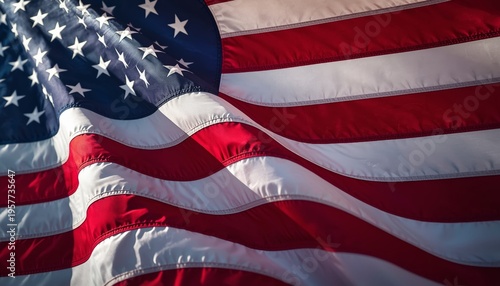 Close-up detailed shot captures the texture and folds of the American flag waving gently in the bright sunlight against a dark backdrop.
