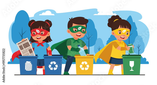 Kids sorting recyclable waste materials.