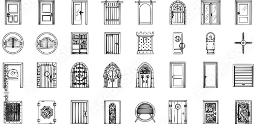 Set of 35 Different Style Doors: Hand-Drawn Line Art Collection