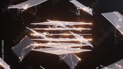 Abstract 3D Animation of Shattering Glass Fragments with Liquid Splashes and Light