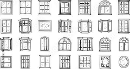 Hand-drawn collection of various window types and architectural styles in black and white. Detailed sketches of classic and modern window designs for building and decor.