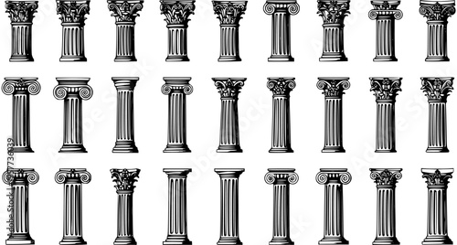 Vintage Engraved Classical Columns Collection. Black and white architectural illustrations featuring various ancient Greek and Roman orders like Doric, Ionic, Corinthian, and Composite.
