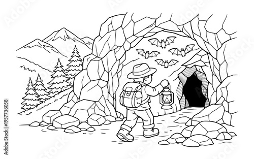 Young explorer with lantern ventures into a dark cave with bats flying overhead