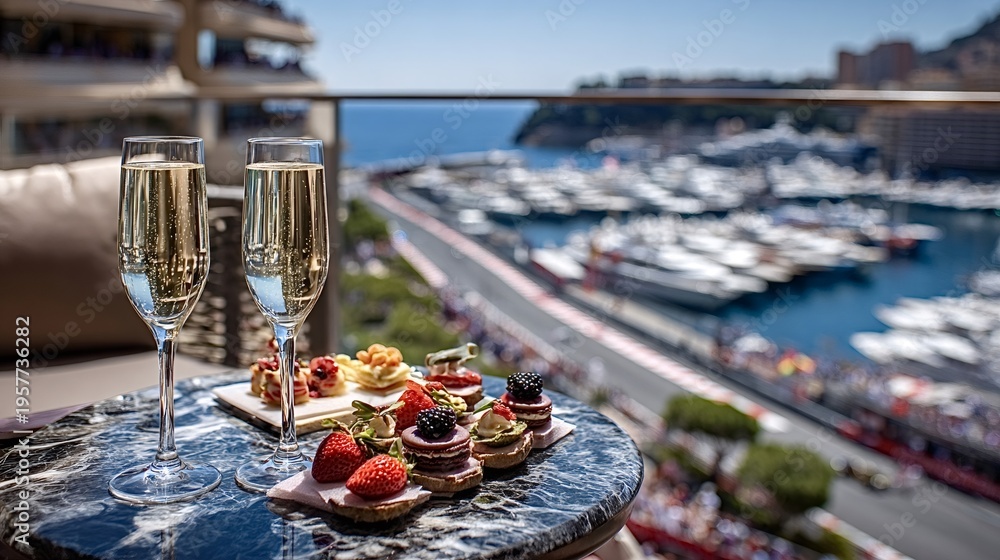 Fototapeta premium Two glasses of champagne and a platter of gourmet appetizers sit on a balcony overlooking the monaco grand prix f1 circuit and crowded port hercule with yachts