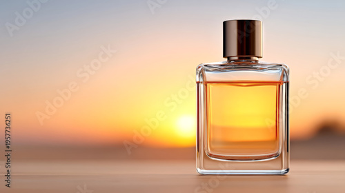 Luxurious perfume bottle against a stunning sunset background for elegant branding and design