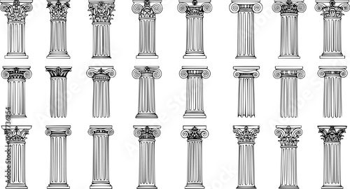 Set of 24 diverse architectural columns illustrating classical orders: Doric, Ionic, Corinthian, Tuscan, Composite. Detailed black and white vector line art illustrations.