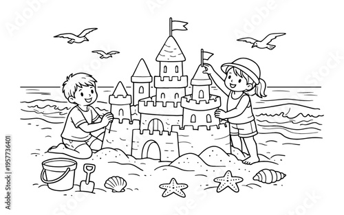 Children happily building a large sandcastle together on a sunny beach day