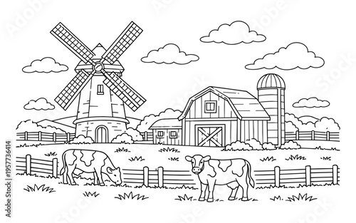 Charming farm scene with cows grazing near a windmill and barn