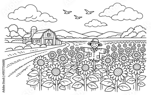 Charming cartoon farm scene with a scarecrow in a sunflower field and a barn