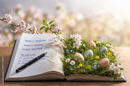 A surreal open notebook showing a handwritten work to-do list transforming into a spring meadow with colorful easter eggs