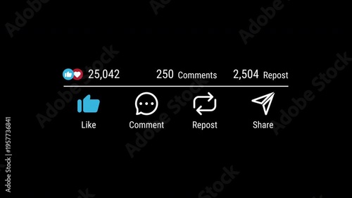Social network smartphone screen animation likes comments reposts engagement statistics media online digital